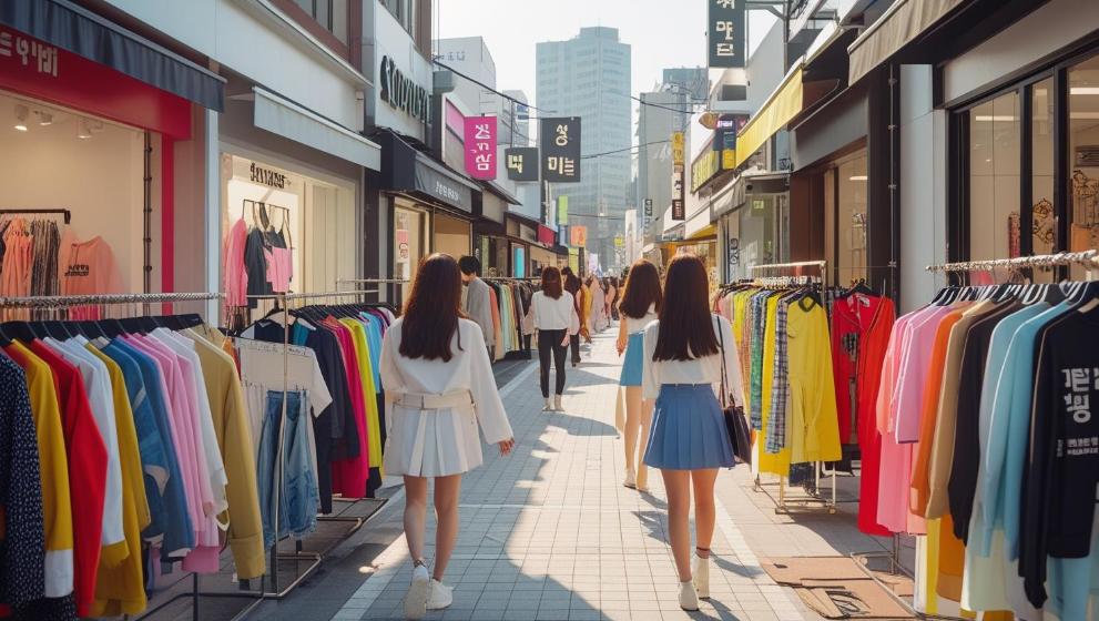 Fashionable shoppers explore vibrant boutique-lined streets in Seoul’s bustling Hongdae district.