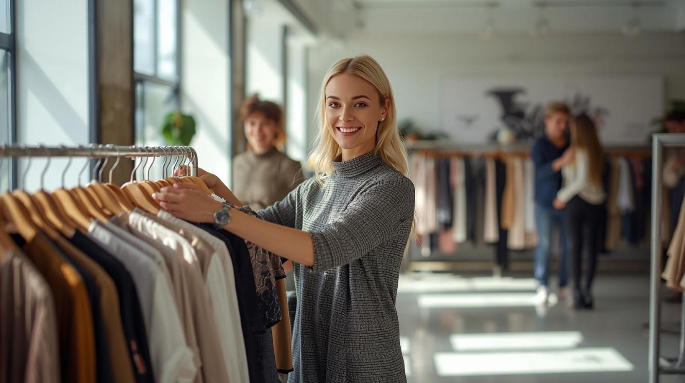 Fashion designer smiles in Brisbane boutique with polished tiles and happy customers.