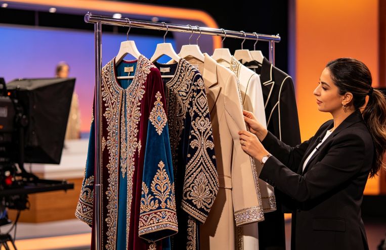 costume designers arranging traditional embroidered garments